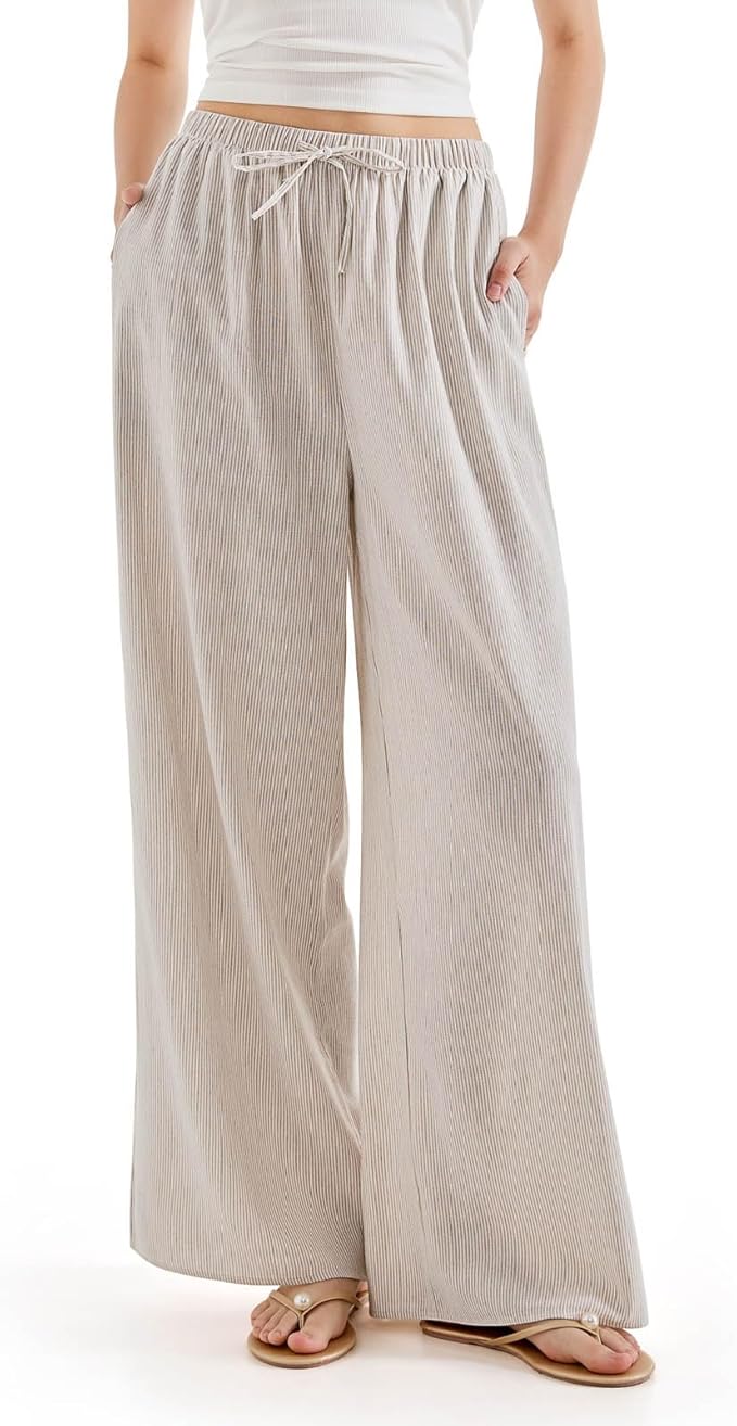 SUUKSESS, Suuksess Women Wide Leg Flowy Linen Pant With Pockets High Waisted Casual Lounge Palazzo Pant (striped Brown, Xs)