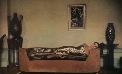 ‘Sheila Metzner: From Life’ Getty Los Angeles exhbition: portrait of womann in gold dress on chaise longue
