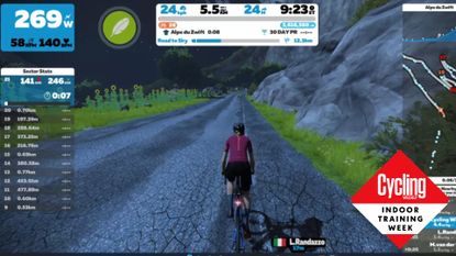 Image shows a rider cycling up Alpe du Zwift.