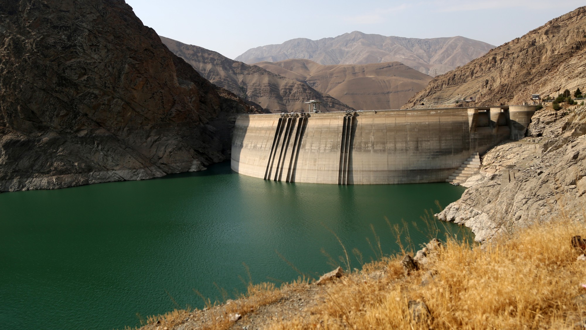 A view of Amir Kabir Dam, one of the five main reservoirs supplying water to Tehran, as the Iranian capital faces one of its most severe water crises in recent years, with dam levels dropping to historic lows