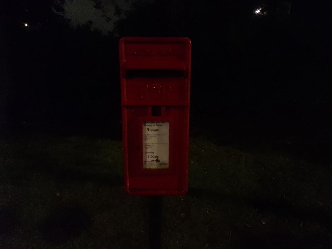 Nokia T10 camera sample showing a postbox at night