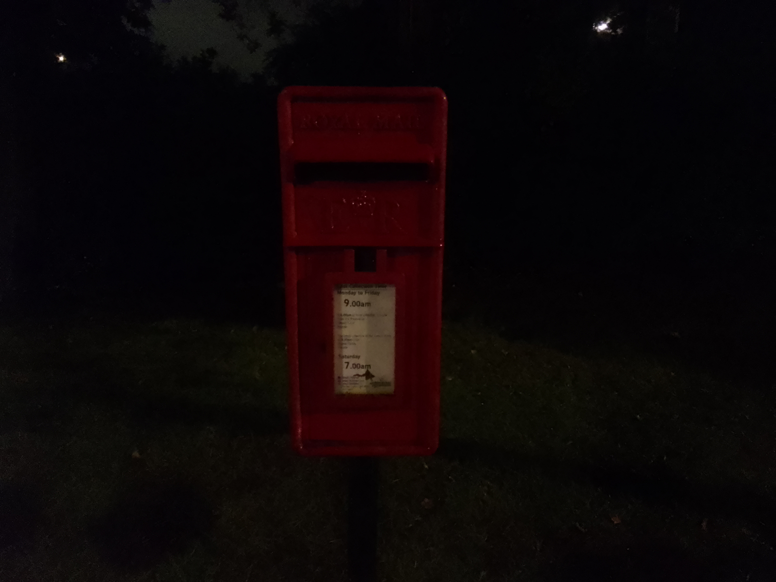 Nokia T10 camera sample showing a postbox at night