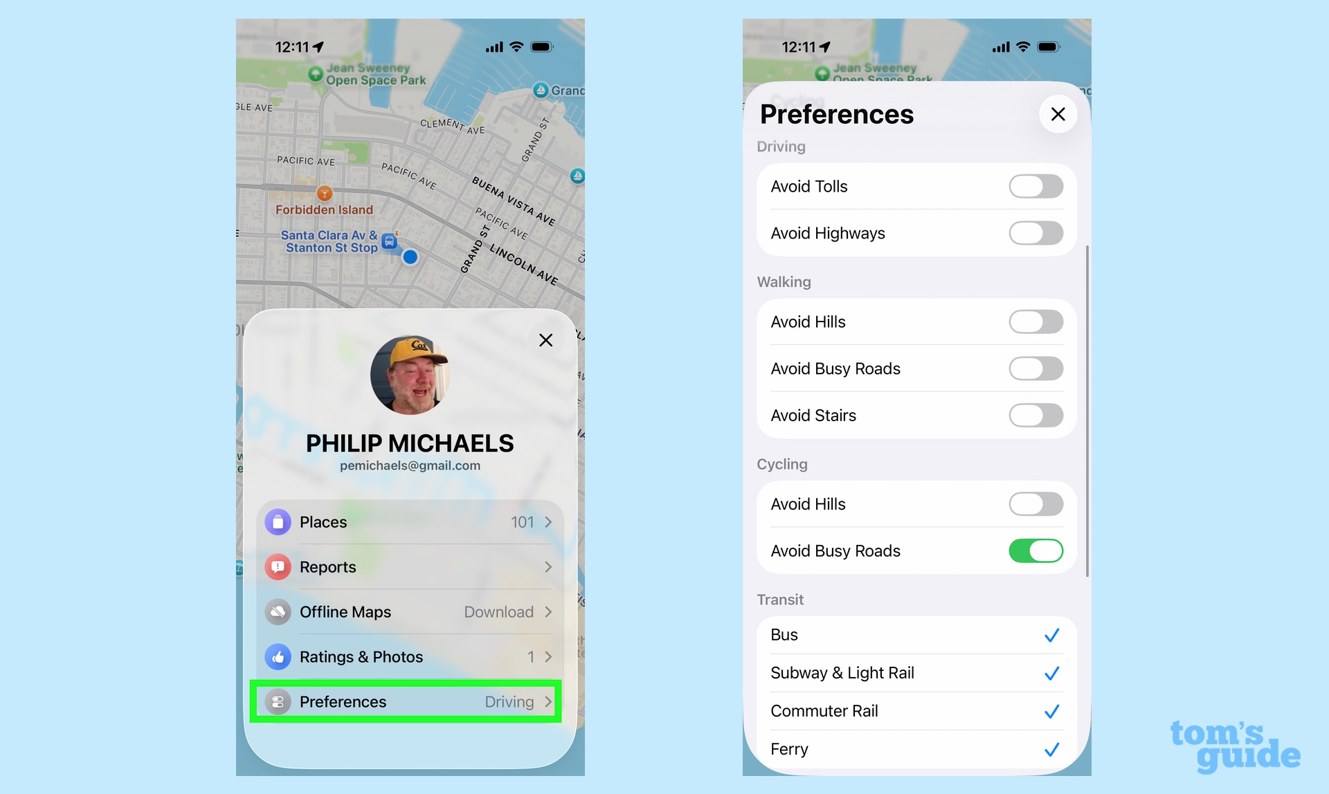 Preferences tab in Maps on an iPhone