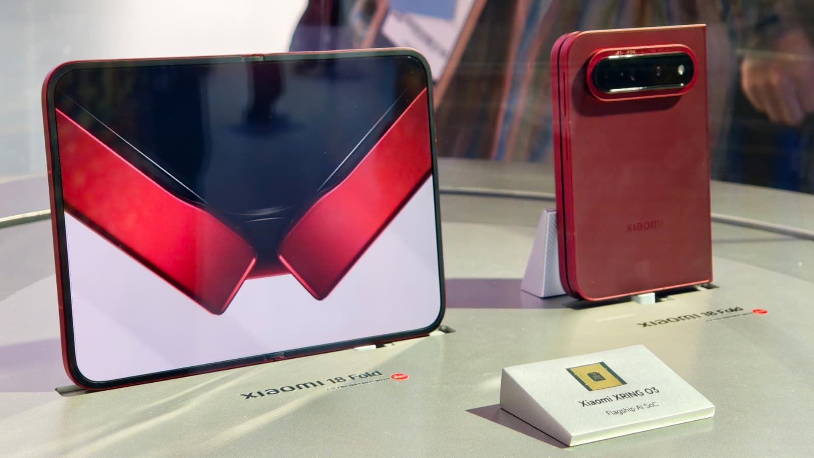 Xiaomi 18 Fold behind a glass display at IFA 2026
