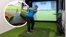 Golfer hitting a golf shot in a golf simulator, with an inset image of a laptop being used to track shots and data with a golf simulator