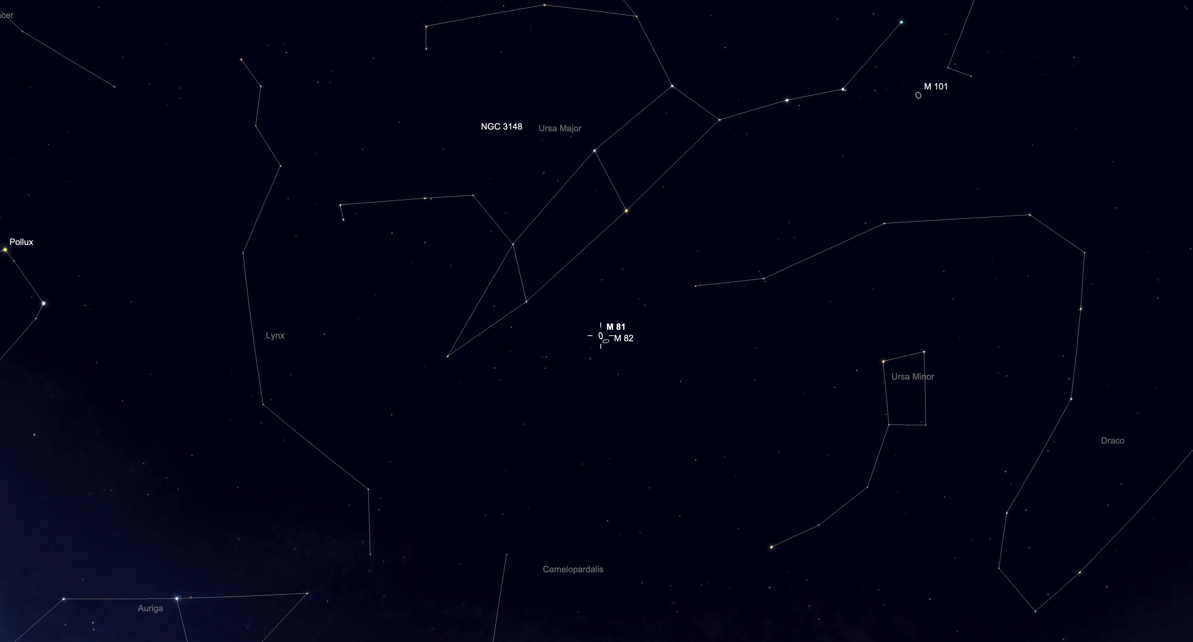 Star chart showing Bode's Galaxy and the nearby Cigar Galaxy in the constellation Ursa Major.