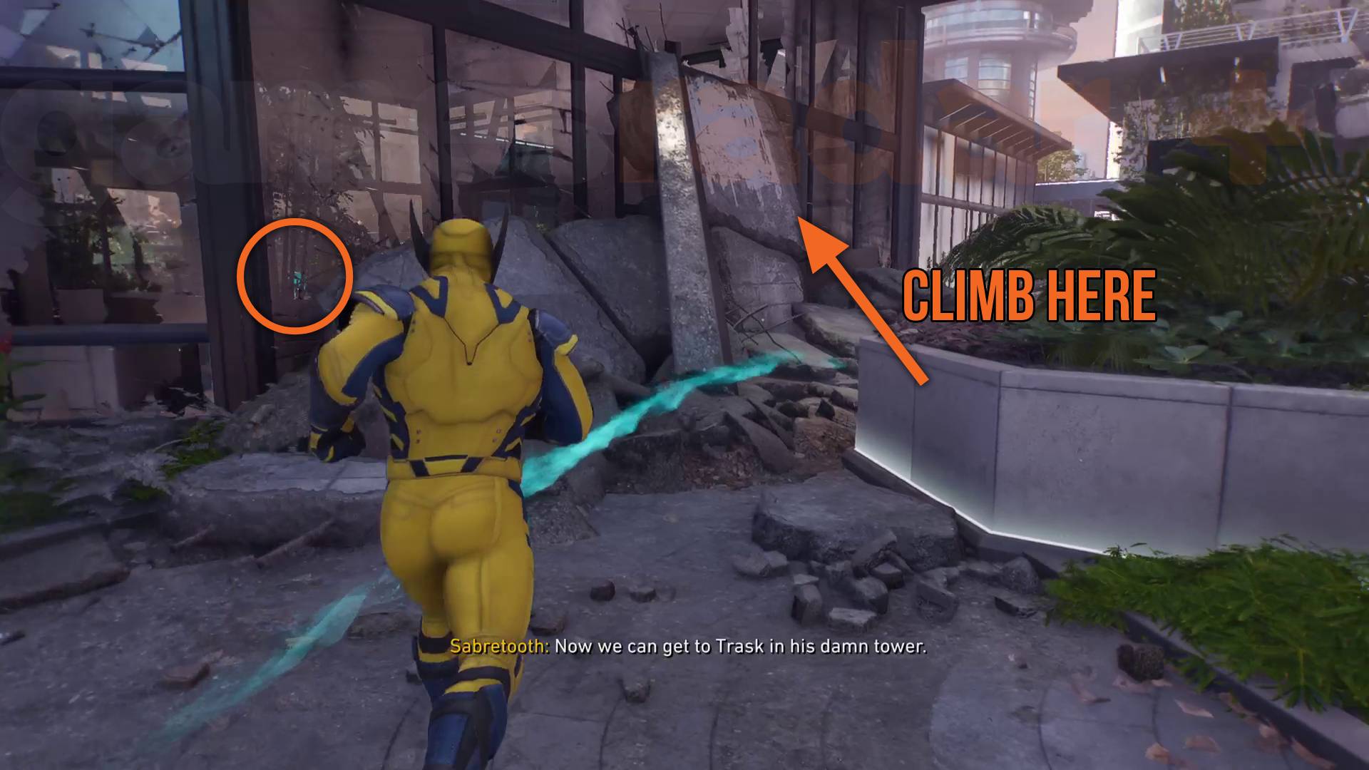 Marvel's Wolverine whiskey bottle inside damaged building with climbing indicator in Knock Knock