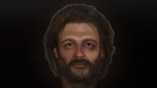 A facial approximation of a Roman man with dark hair and a beard against a black background.