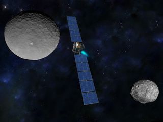 An artist's depiction of the Dawn spacecraft between Ceres (left) and Vesta (right) (not shown to scale).