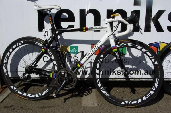 Rainbow stripes: Cadel Evans' BMC Pro Machine SLC01 is a constant reminder of his International Cycling Union Road World Championship win.