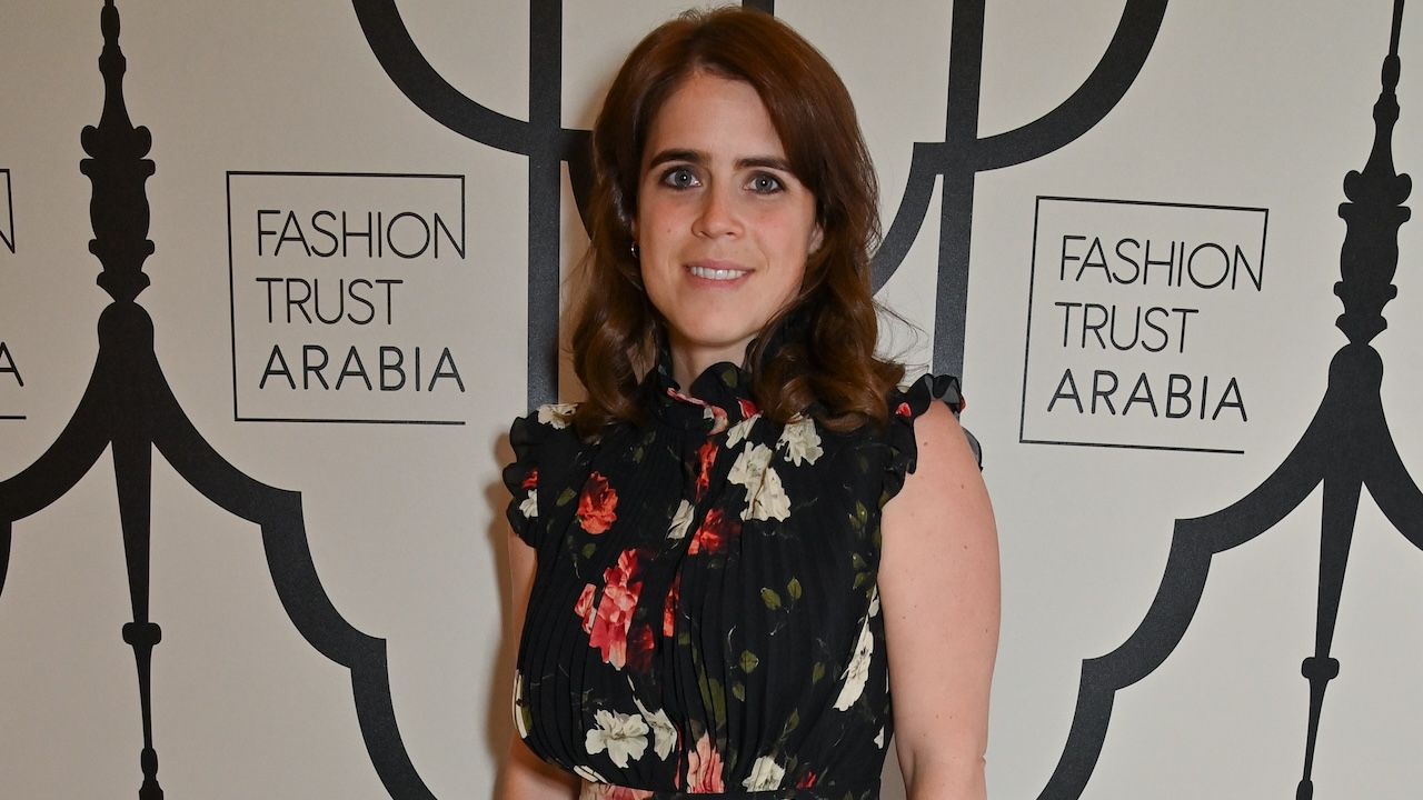 Princess Eugenie of York wearing a black floral maxi dress and black pumps at the FTA dinner in celebration in London June 2024