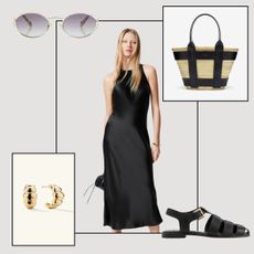 & Other Stories dress, Miu Miu sunglasses, Mejuri earrings, H&M sandals, Demellier tote