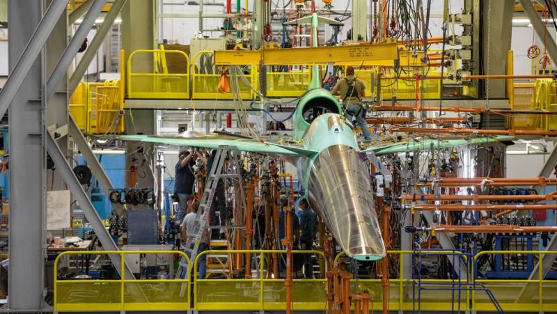 NASA’s X-59 Quiet SuperSonic Technology airplane undergoes structural stress tests at a Lockheed Martin facility in Fort Worth, Texas.