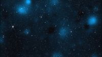 A black, starry background with blue blobs representing dark matter