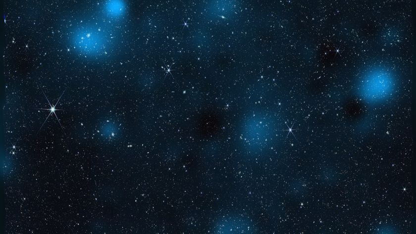 A black, starry background with blue blobs representing dark matter