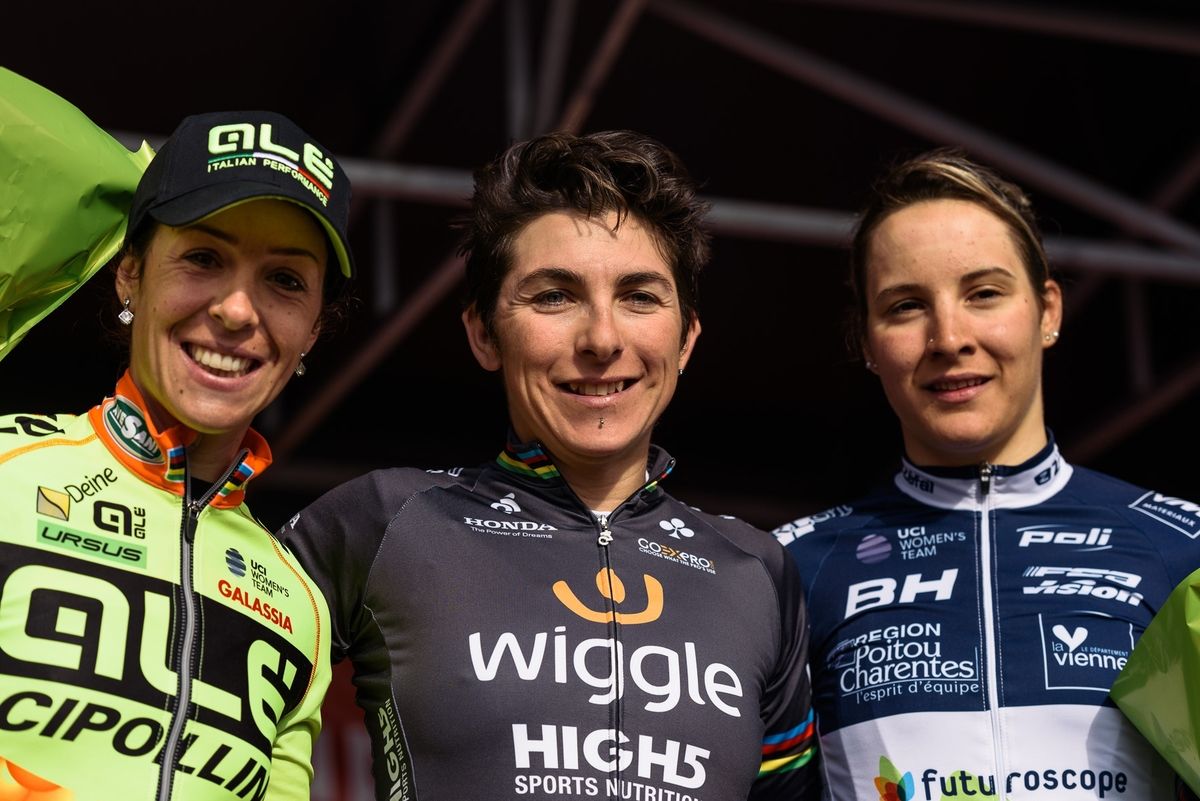 Marta Bastianelli, Giorgia Bronzini and Roxane Fournier on the podium