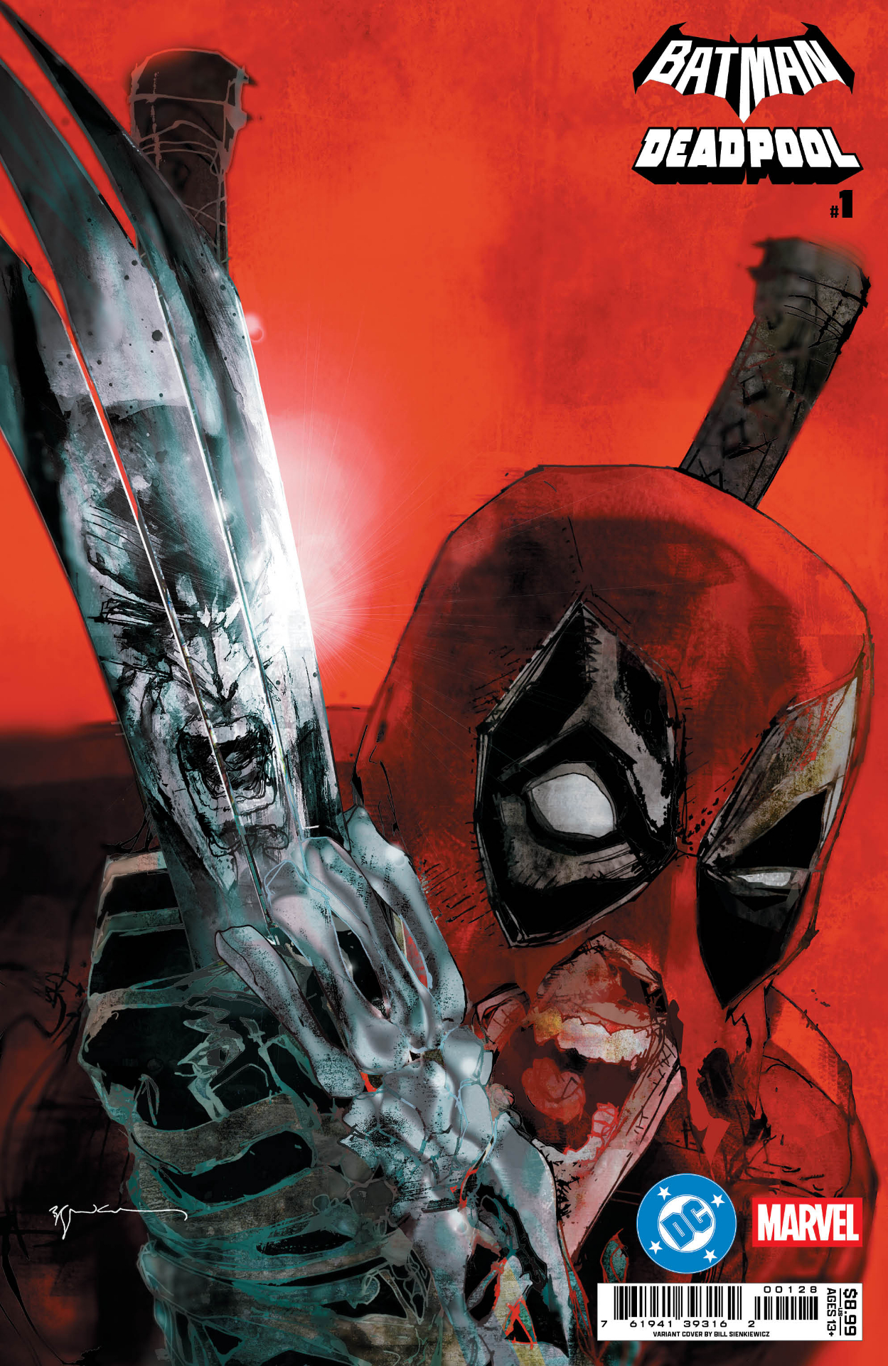Deadpool brandishing Wolverine's skeletal arm as a weapon with Batman reflected in the claws in an homage to the cover of Increible Hulk #340