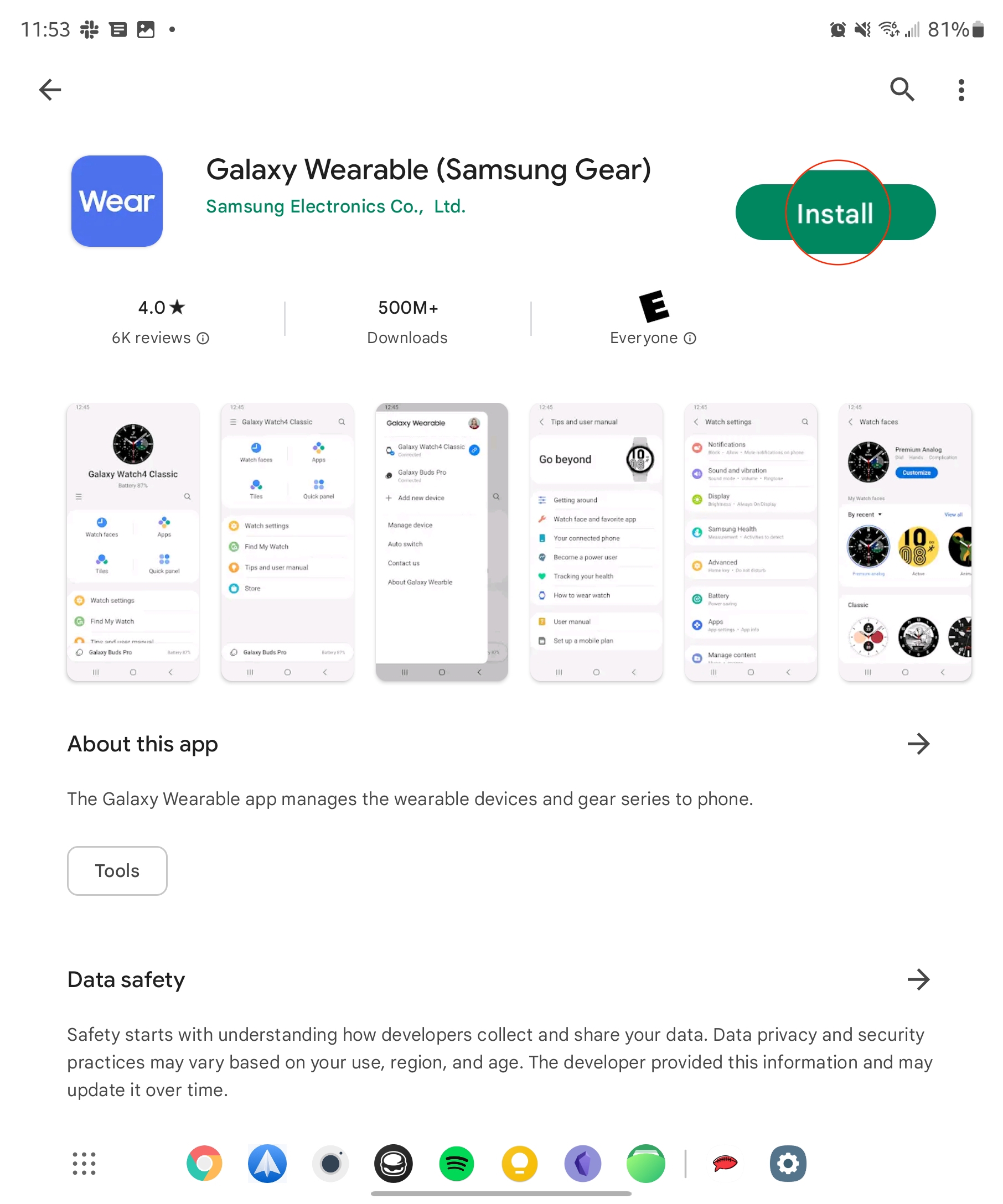 Galaxy Wearable Play Store listing