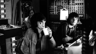 Charlie Watts and Keith Richards of the Rolling Stones along with producer Glyn Johns work on the mixing of their "Let It Bleed" album at The Elektra Studios in October, 1969 in Los Angeles, California.