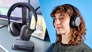 A split image with the Sennheiser RS 275 on the left and a person wearing them on the right