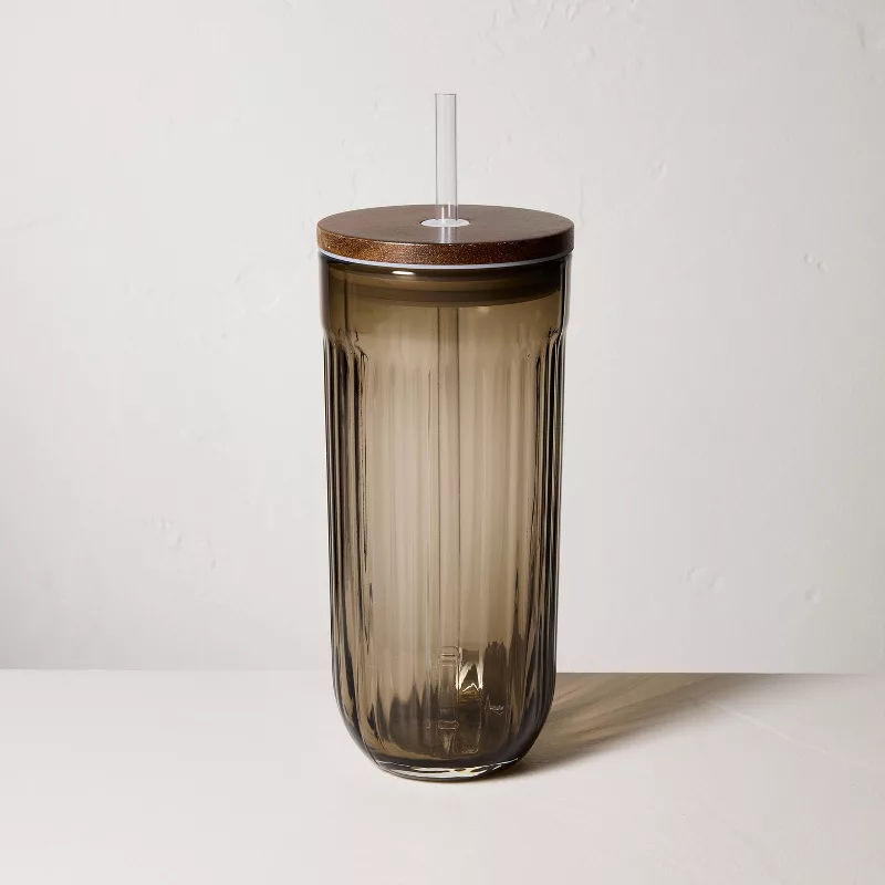 21oz Fluted Glass Tumbler With Wood Lid Brown - Hearth & Hand™ With Magnolia