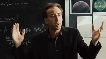 Nicolas Cage explaining in front of a classroom in Knowing