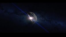 An illustration of a massive asteroid shattering in the early universe