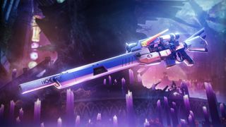 The Mechabre sniper rifle viewed in profile on a city background under violet light.