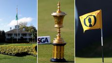 The Augusta National clubhouse, US Amateur Championship trophy and a yellow Open Championship flag