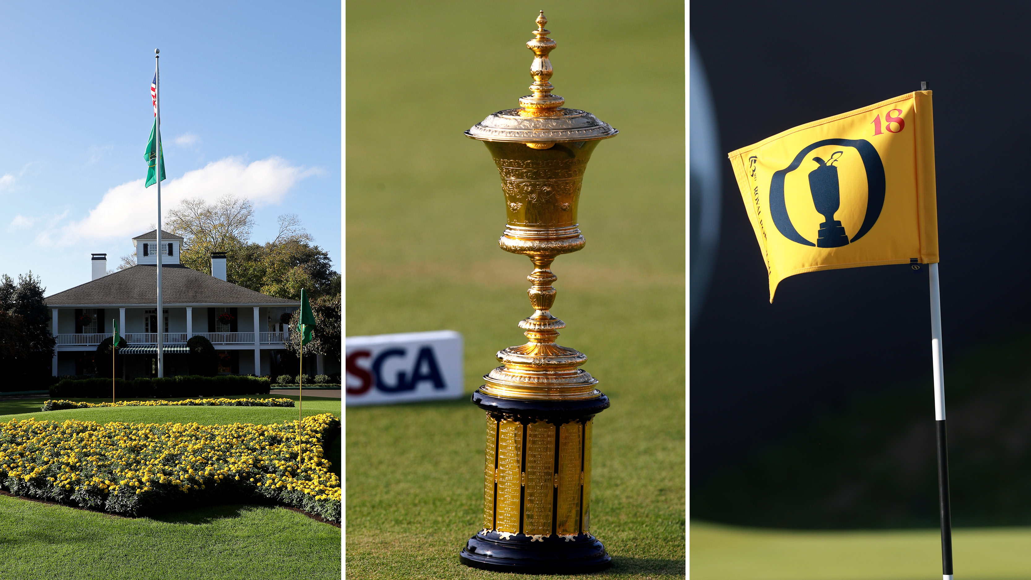 The Augusta National clubhouse, US Amateur Championship trophy and a yellow Open Championship flag
