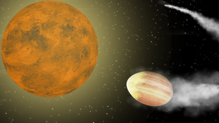 An illustration shows the egg-shaped planet WASP-12b on a death spiral towar its yellow dwarf parent star