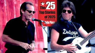LEFT: American actor Jack Nicholson onstage at the Live Aid benefit concert, Philadelphia, Pennsylvania, July 13, 1985. RIGHT: American Blues and rock musician George Thorogood performs onstage during the Live Aid benefit concert at Veteren's Stadium, Philadelphia, Pennsylvania, July 13, 1985.