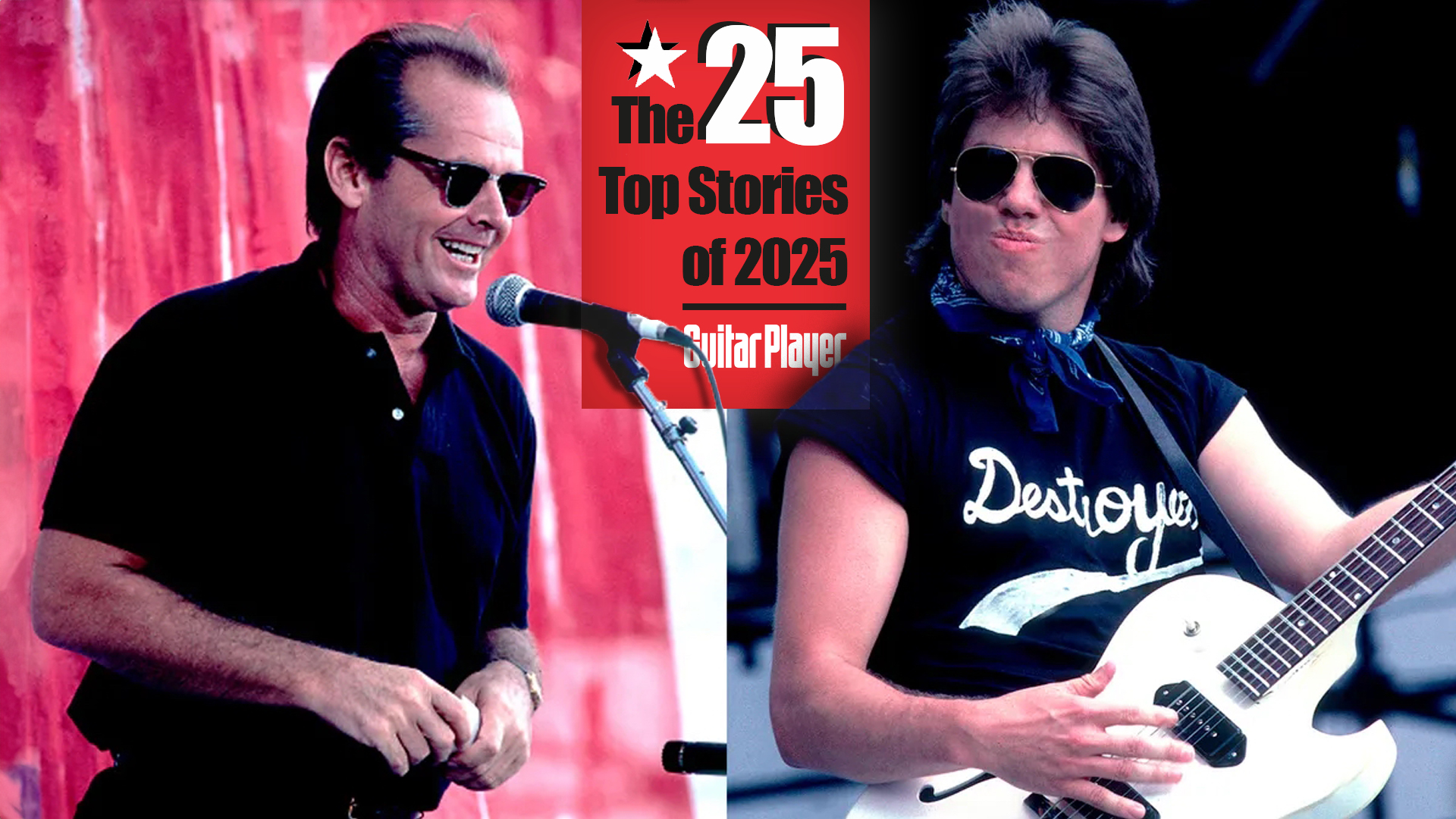 LEFT: American actor Jack Nicholson onstage at the Live Aid benefit concert, Philadelphia, Pennsylvania, July 13, 1985. RIGHT: American Blues and rock musician George Thorogood performs onstage during the Live Aid benefit concert at Veteren's Stadium, Philadelphia, Pennsylvania, July 13, 1985. 