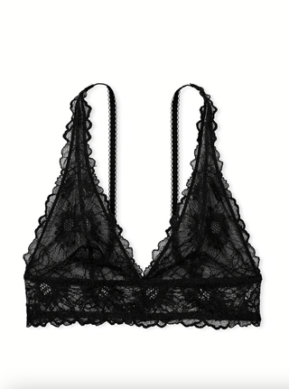 a black bralette by Victoria's secret in front of a plain backdrop