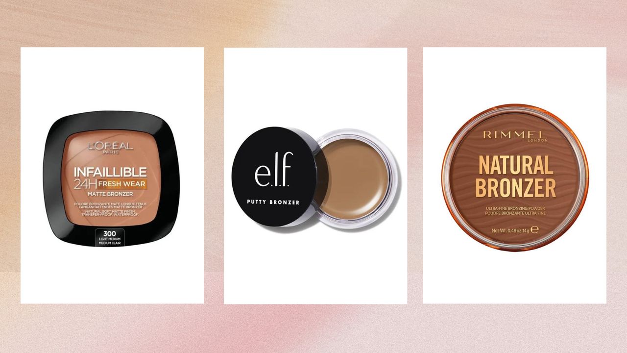 Collage of three of the best drugstore bronzers featured in this guide from L&#039;Oréal Paris, e.l.f. Cosmetics and Rimmel London