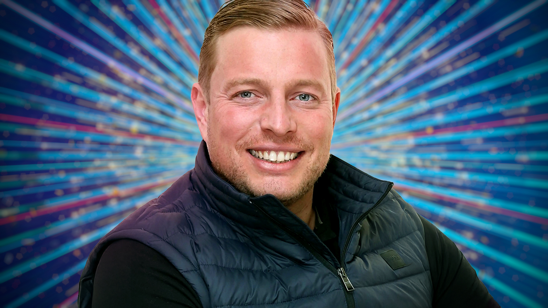 Thomas Skinner smiling for the camera with a blue sparkly background behind her.