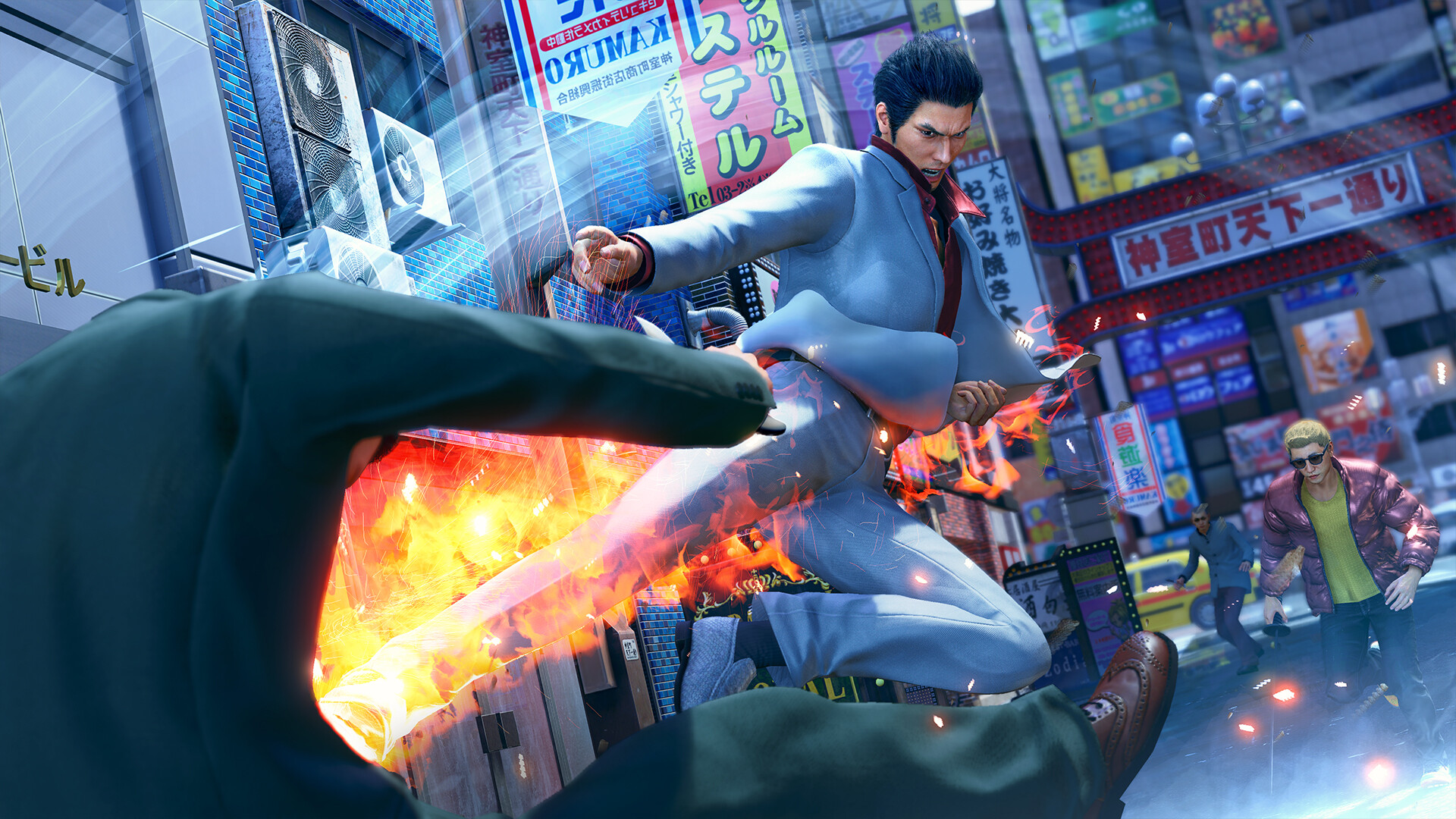 Yakuza Kiwami 3 and Dark Tides screenshot of Kiryu kicking an enemy and sending them flying backwards