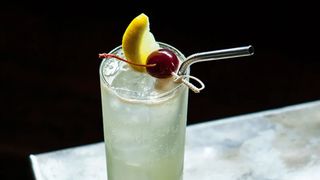 Collins glass with metal straw, cherry and lemon slice