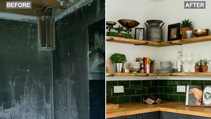 kitchen with grey cabinets and wooden worktop