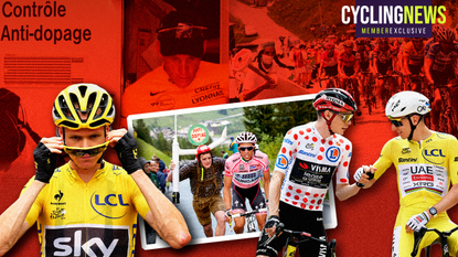 A collage including Chris Froome, Alberto Contador being chased by a fan holding a fake syringe, Jonas Vingegaard and Tadej Pogačar, plus other doping-related images in the background.