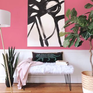 pink wall with table and plant