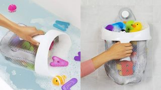 Image of a grey mesh bath toy storage as part of best baby bath products round up