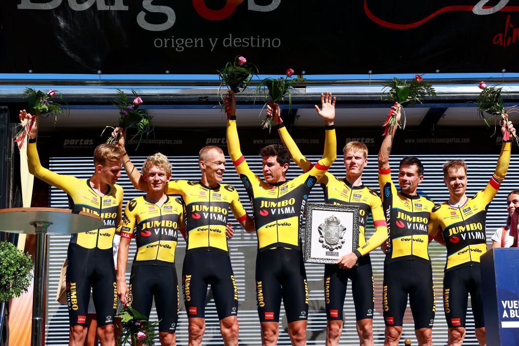 POZA DE LA SAL SPAIN AUGUST 16 A general view of Primo Roglic of Slovenia Robert Gesink of The Netherlands Koen Bouwman of The Netherlands Edoardo Affini of Italy Gijs Leemreize of The Netherlands Jan Tratnik of Slovenia Attila Valter of Hungary and Team JumboVisma celebrates at podium as team time trial winners during the 45th Vuelta a Burgos 2023 Stage 2 a 131km team time trial from Oa to Poza de la Sal on August 16 2023 in Poza de la Sal Spain Photo by Gonzalo Arroyo MorenoGetty Images