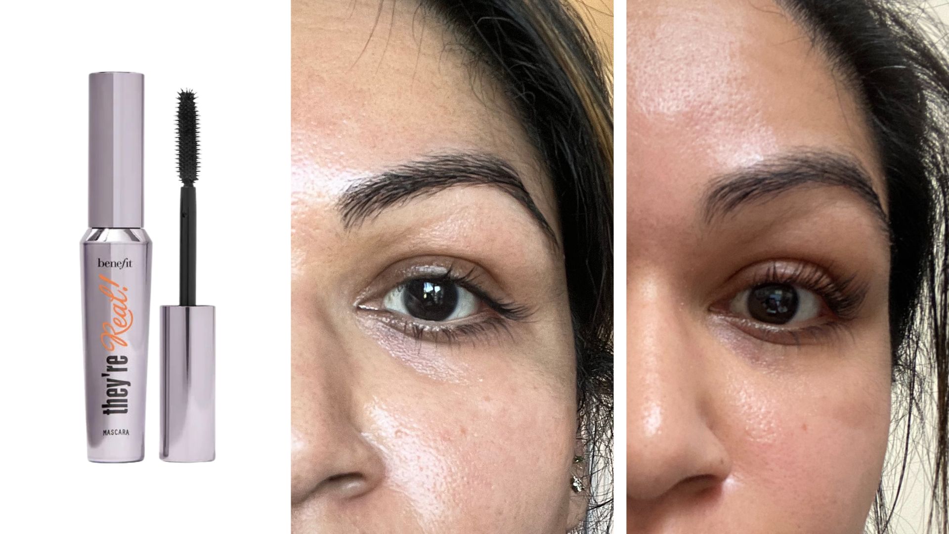 Aleesha Badkar&#039;s lashes before and after wearing Benefit They&#039;re Real! Lengthening Mascara, next to a product shot