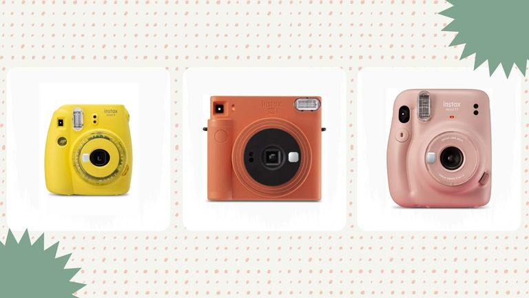 three of the best Instax camera Black Friday deals shown side by side on a polkadot background