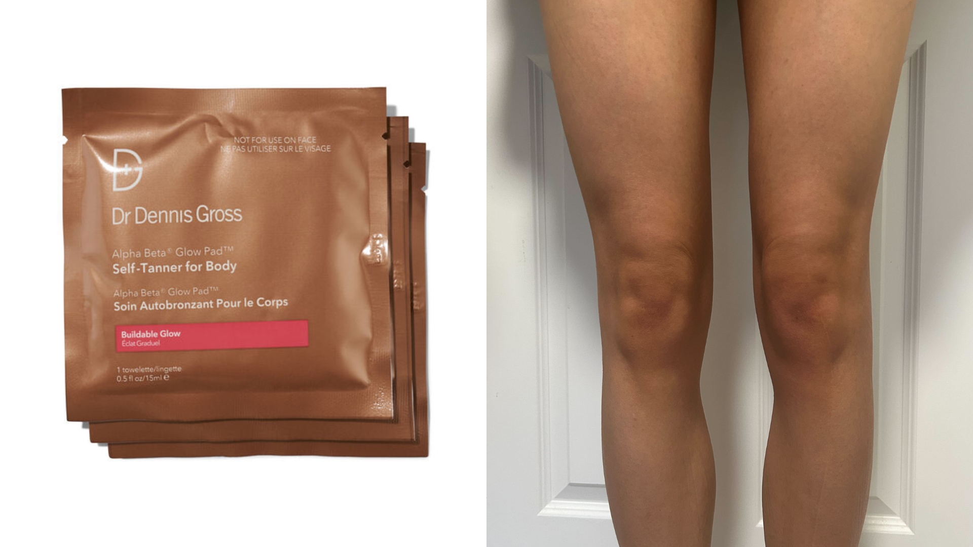 On the left, image of the Dr. Dennis GrossAlpha Beta Glow Pad Self Tanner for Body, on the right, an image of Sennen Prickett's legs after using the self-tan pads