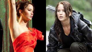 jennifer lawrence as katniss everdeen wearing the red fire dress and when she's in the games in the movie the hunger games