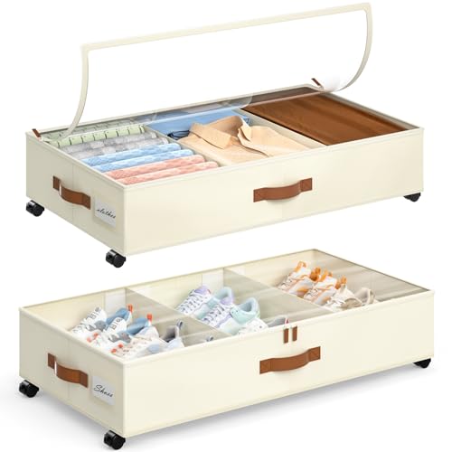 Yecaye Under Bed Storage With Wheels, 2pack Under Bed Storage Containers With Adjustable Dividers & Clear Lid, Rolling Underbed Organizer Bins Drawers for Clothes, Shoes, Blankets(33.3 X 16.5 X 6.7in)