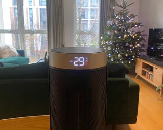 Dreo space heater on kitchen table in Louises apartment