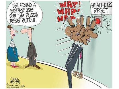 Obama cartoon reset button ObamaCare
